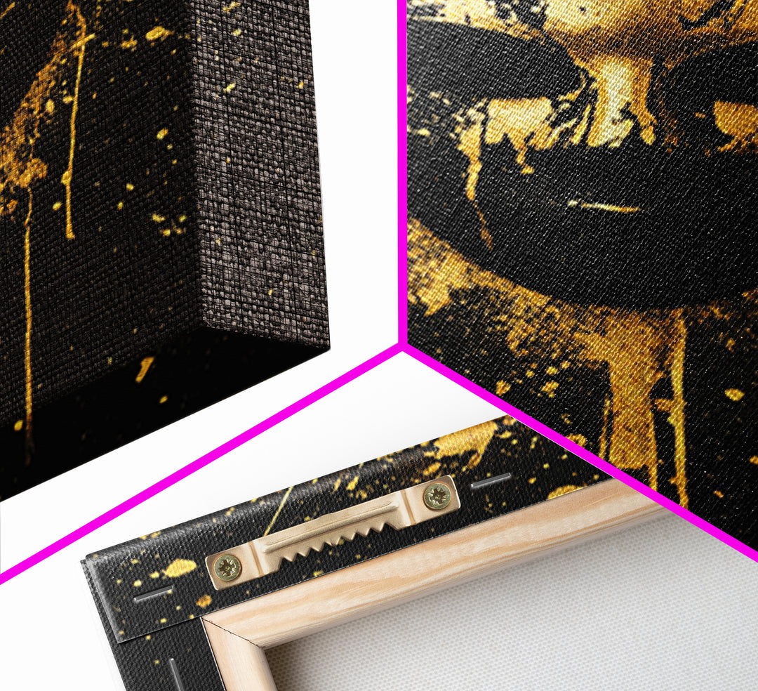 Abstract Splatter Mask Gold Canvas Print, Bold Modern Face Art, Tribal Inspired Wall Decor, Real Wood Frame