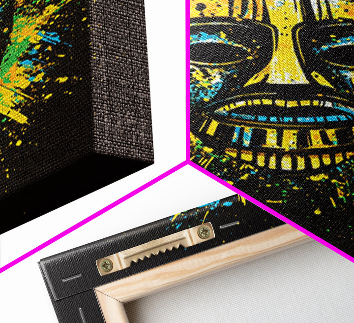 Vibrant Tribal Mask Gold Canvas Art, Ethnic Splatter Style Face Print, Colorful Abstract Wall Decor, Real Wood Frame