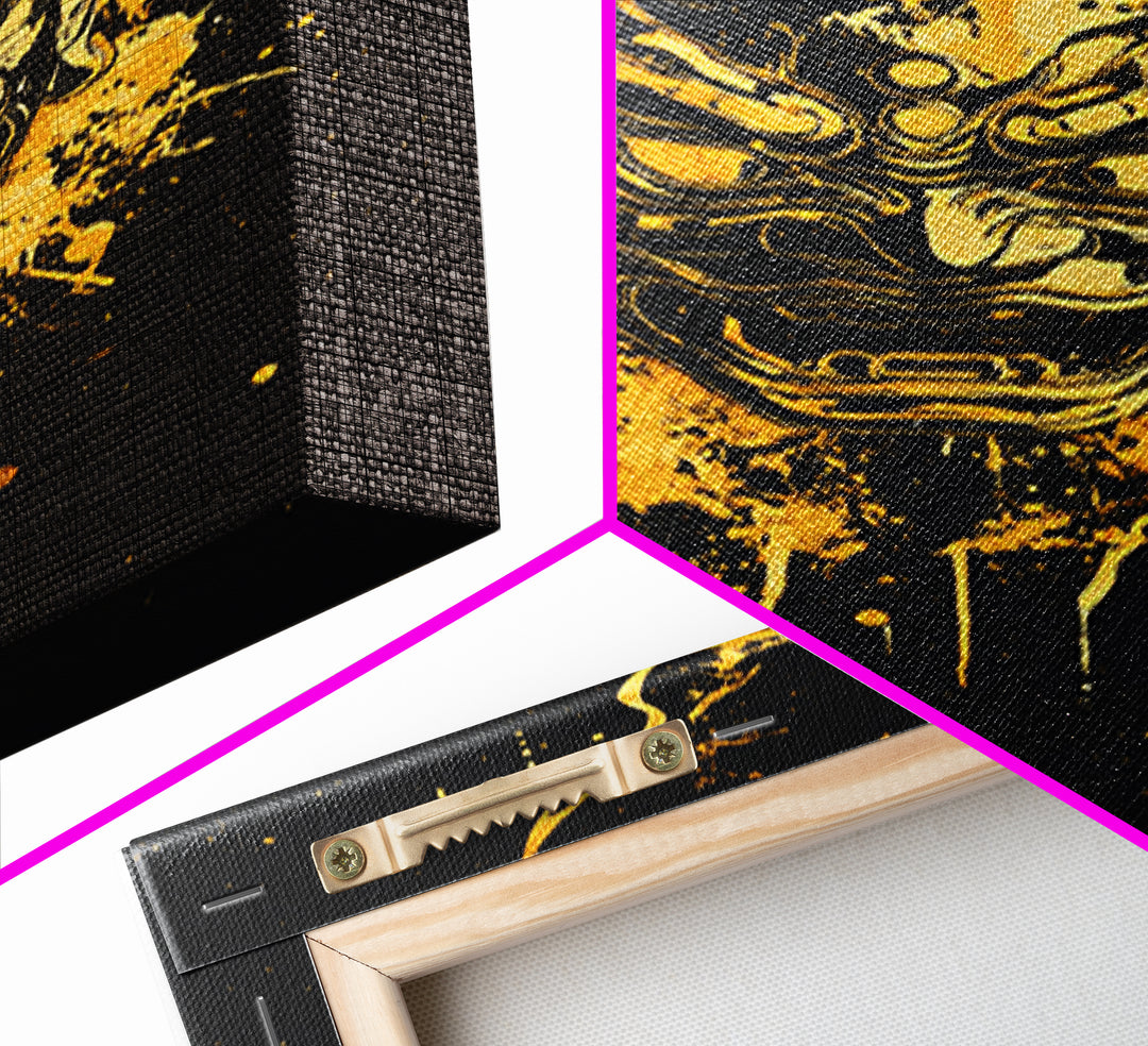 Oni Demon Mask Gold Canvas Print, Japanese Mythology Inspired Art, Splatter Style Wall Decor, Real Wood Frame