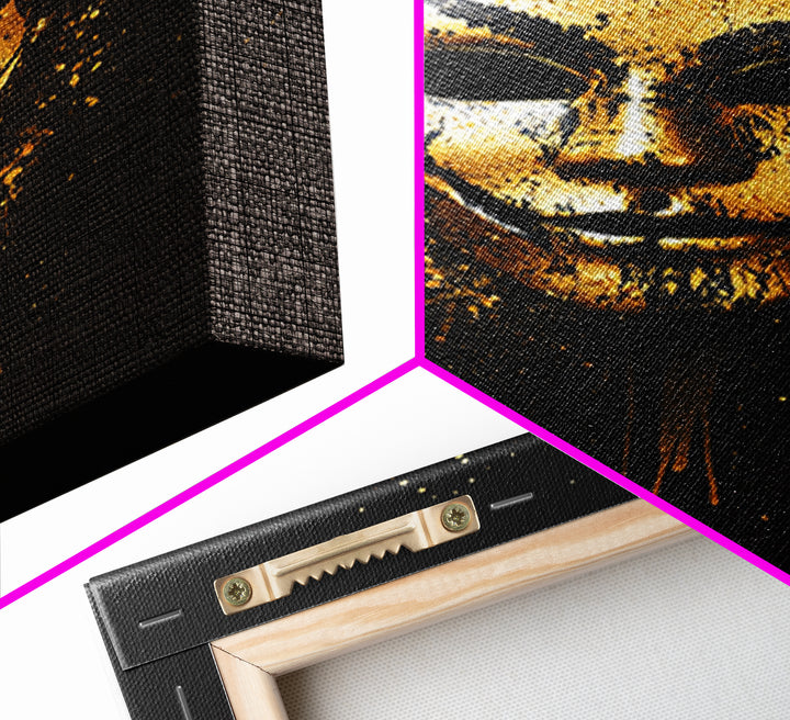 Abstract Painted Mask Gold Canvas Print, Modern Face Art, Bold Splatter Style Wall Decoration, Real Wood Frame