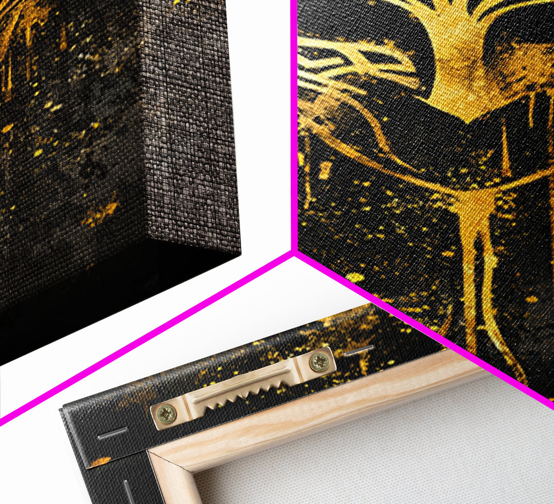 Celtic Knot Mask Gold Canvas Art, Intricate Tribal Inspired Design, Abstract Splatter Wall Decor, Real Wood Frame