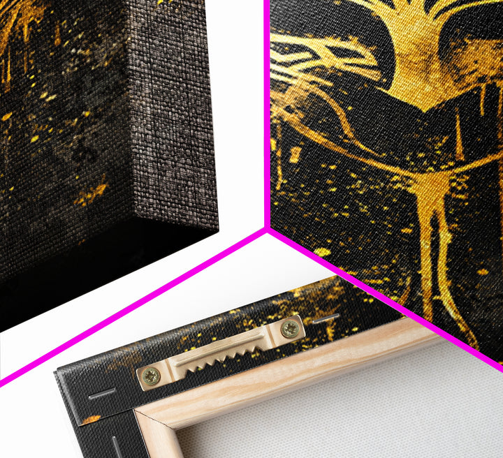 Celtic Knot Mask Gold Canvas Art, Intricate Tribal Inspired Design, Abstract Splatter Wall Decor, Real Wood Frame