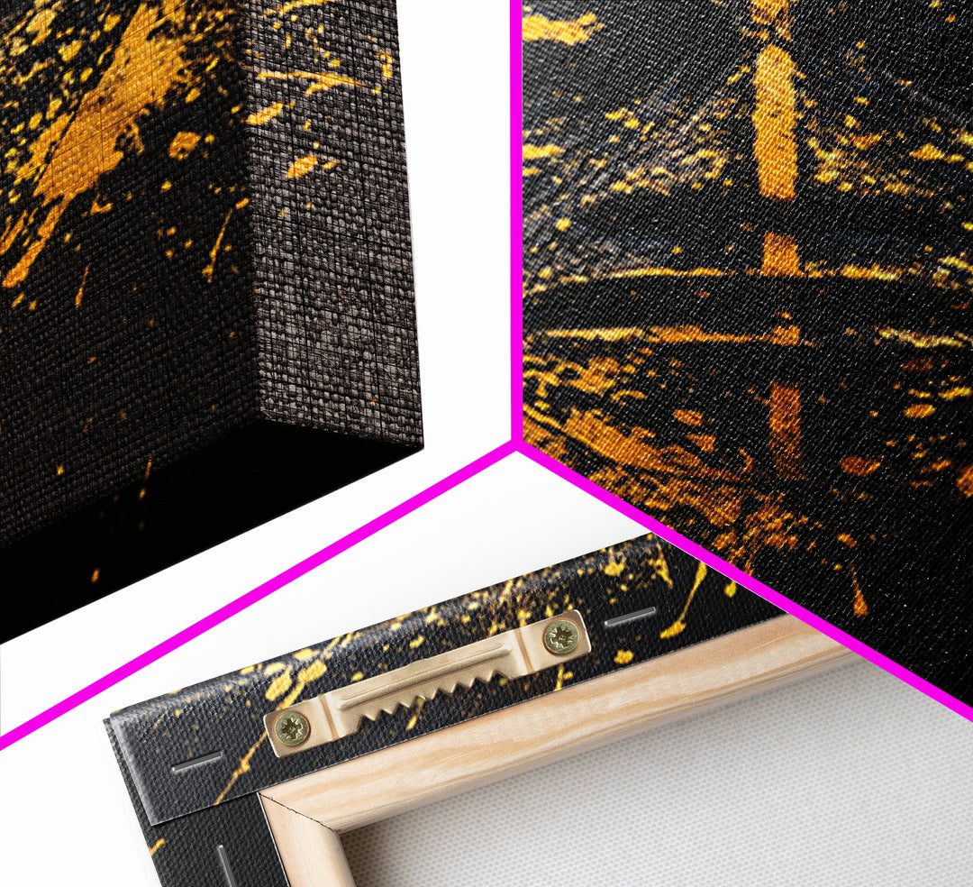 African Tribal Mask Gold Canvas Print, Bold Face Art, Splatter Style Ethnic Wall Decoration, Real Wood Frame