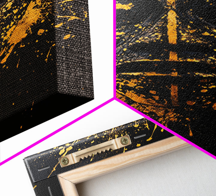 African Tribal Mask Gold Canvas Print, Bold Face Art, Splatter Style Ethnic Wall Decoration, Real Wood Frame