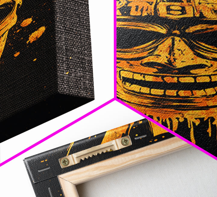 Ancient Warrior Mask Gold Canvas Print, Tribal Armor Inspired Face Art, Bold Splatter Wall Decor, Real Wood Frame