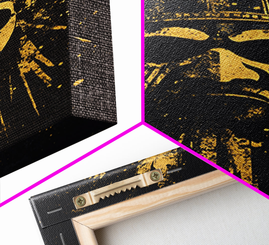 Aztec Sun Mask Gold Canvas Print, Tribal Inspired Ancient Face Art, Splatter Style Wall Decor, Real Wood Frame
