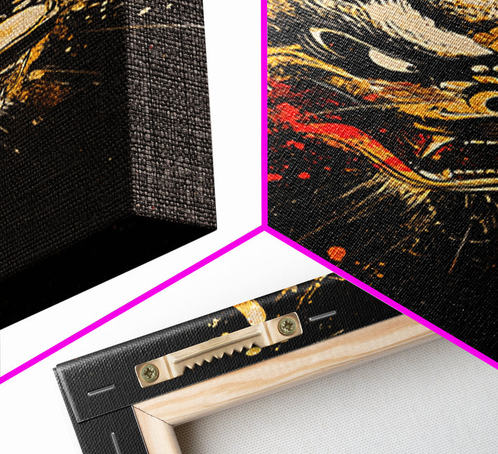 Native Headdress Mask Gold Canvas Art, Tribal Inspired Splatter Face Print, Bold Ethnic Wall Decor, Real Wood Frame
