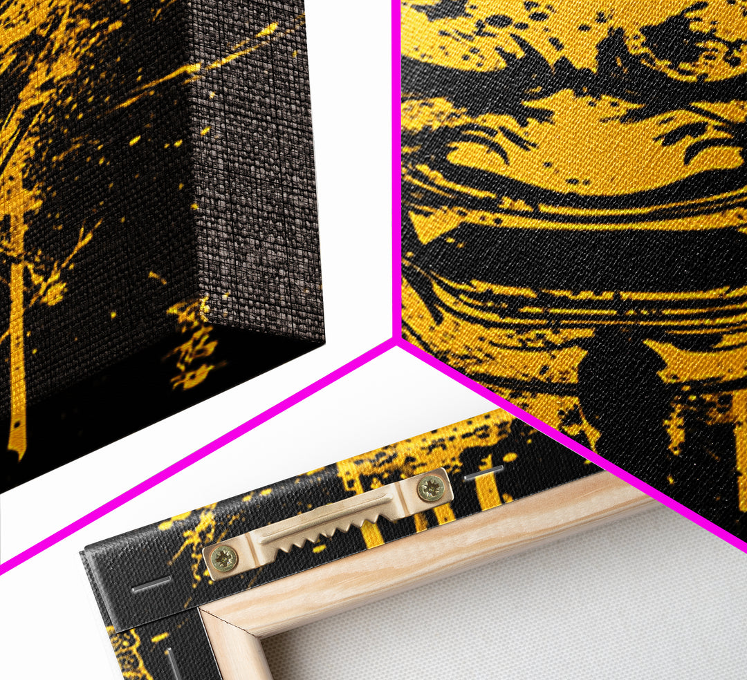 Mythic Dragon Mask Gold Canvas Print, Asian Inspired Splatter Style Art, Fierce Wall Decoration, Real Wood Frame