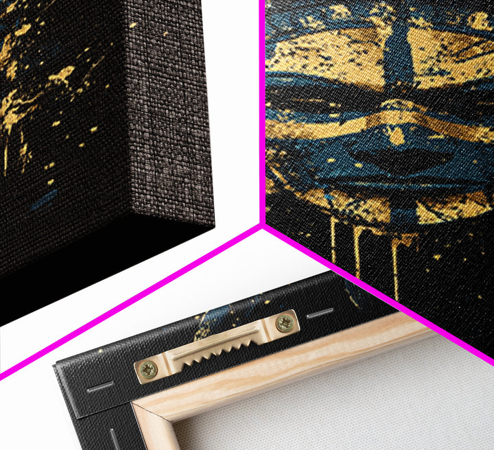 Tribal Feather Mask Gold Canvas Print, Abstract Splatter Mask Wall Art, Real Wood Frame, Modern Ethnic Home Decor