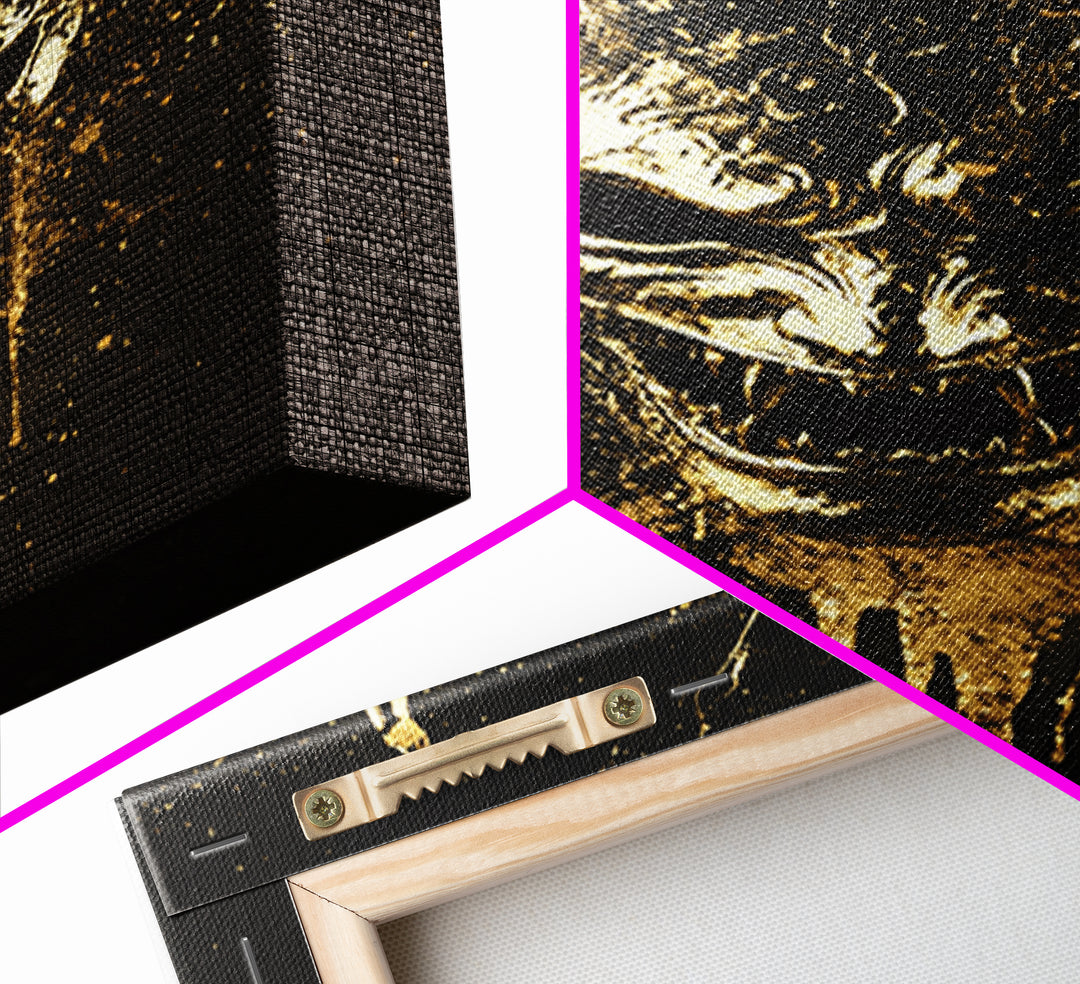 Oni Demon Mask Gold Canvas Print, Japanese Mythology Wall Art, Real Wood Frame, Bold Samurai Mask Artwork