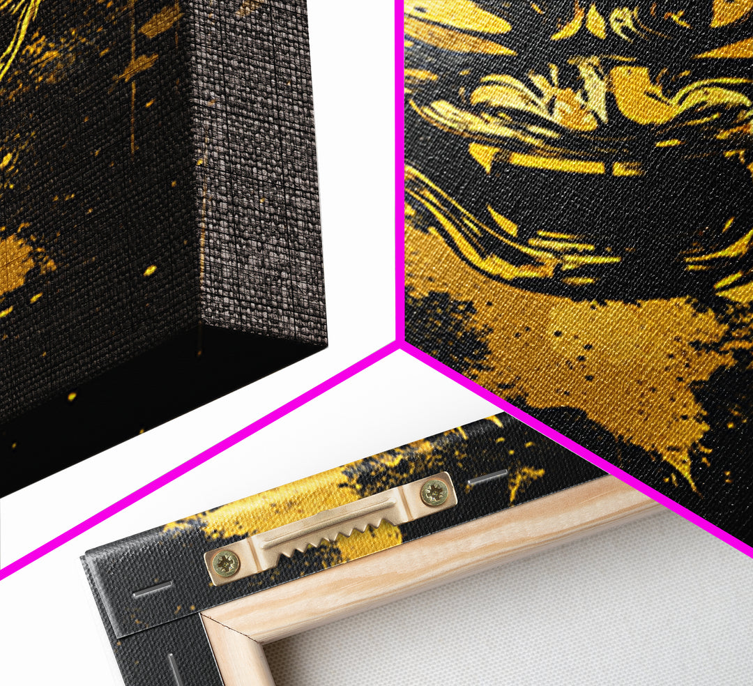 Samurai Mask Gold Canvas Print, Japanese Warrior Wall Art, Real Wood Frame, Bold Splatter Mask Artwork For Home