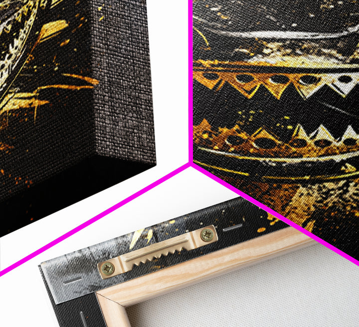 Shark Splatter Gold Canvas Print, Abstract Ocean Predator Wall Art, Real Wood Frame, Bold Modern Sea Life Artwork