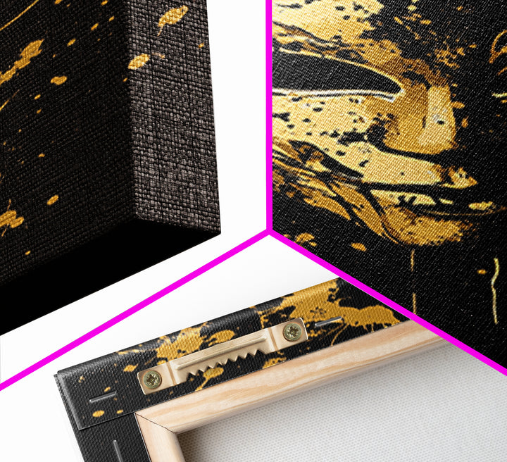 Mysterious Mask Gold Canvas Print, Abstract Splatter Face Wall Art, Real Wood Frame, Dark Modern Mask Artwork