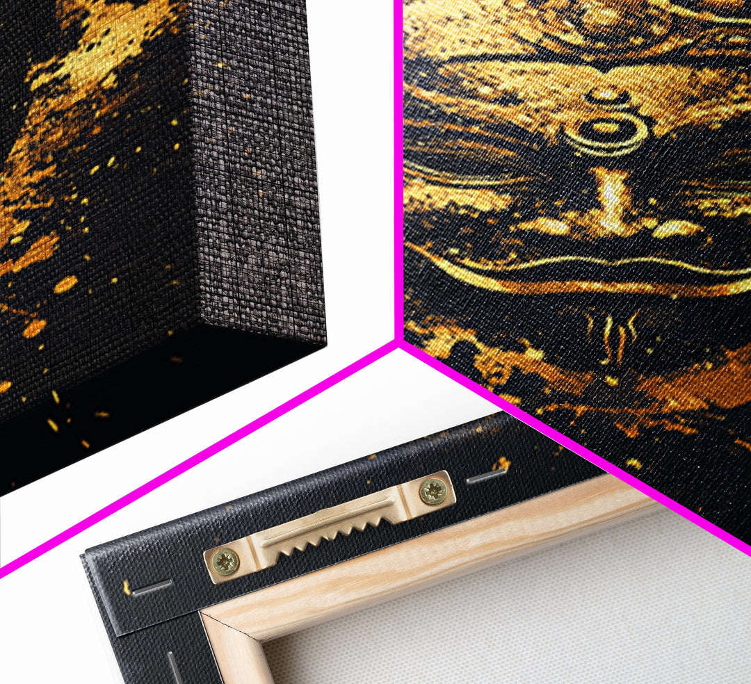 Ancient Mask Gold Canvas Print, Mystical Splatter Wall Art, Real Wood Frame, Bold Spiritual Mask Artwork For Home