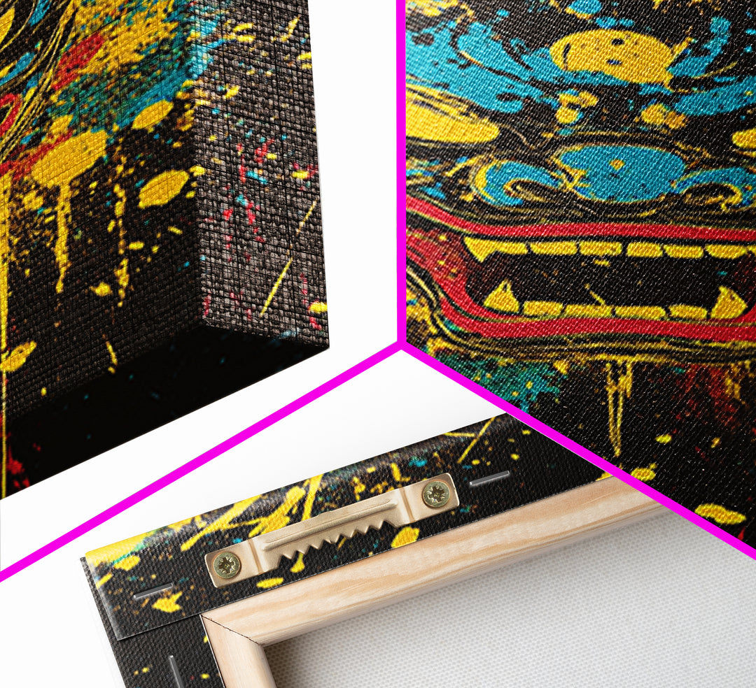 Demonic Horn Mask Gold Canvas Print, Gothic Wall Art, Dark Splatter Painting, Real Wood Frame, Bold Statement Decor