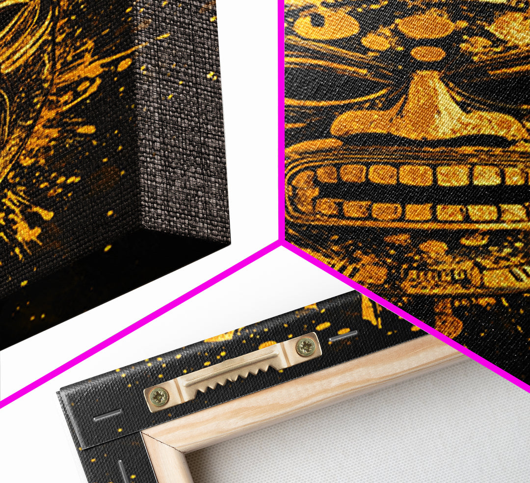 Abstract Alien Mask Gold Canvas Print, Futuristic Splatter Art, Minimalist Wall Art, Real Wood Frame, Modern Home Decor