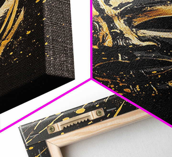 Samurai Oni Mask Gold Canvas Print, Japanese Splatter Artwork, Warrior Wall Art, Real Wood Frame, Bold Cultural Decor