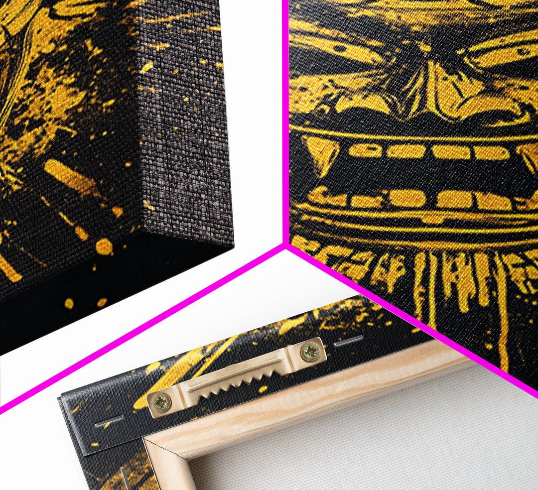 Shark Head Gold Canvas Print, Splatter Ocean Art, Fierce Predator Wall Decor, Real Wood Frame, Modern Marine Artwork