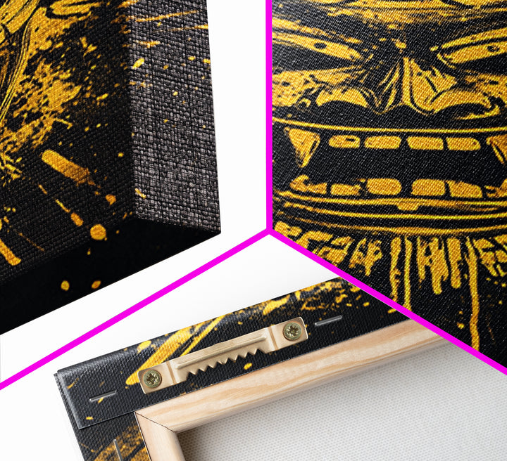 Shark Head Gold Canvas Print, Splatter Ocean Art, Fierce Predator Wall Decor, Real Wood Frame, Modern Marine Artwork