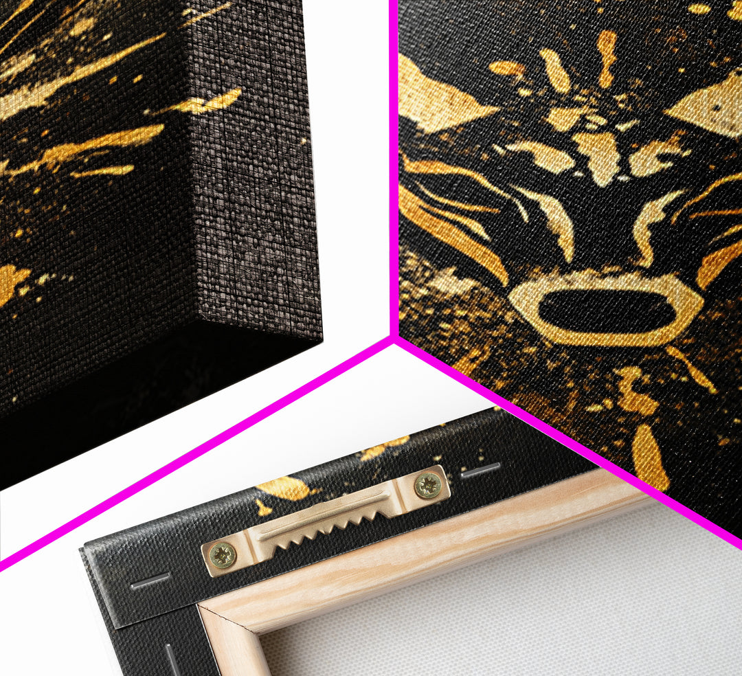 Textured Tribal Mask Gold Canvas Print, Splatter Art Design, Abstract Cultural Wall Art, Real Wood Frame, Bold Decor Piece