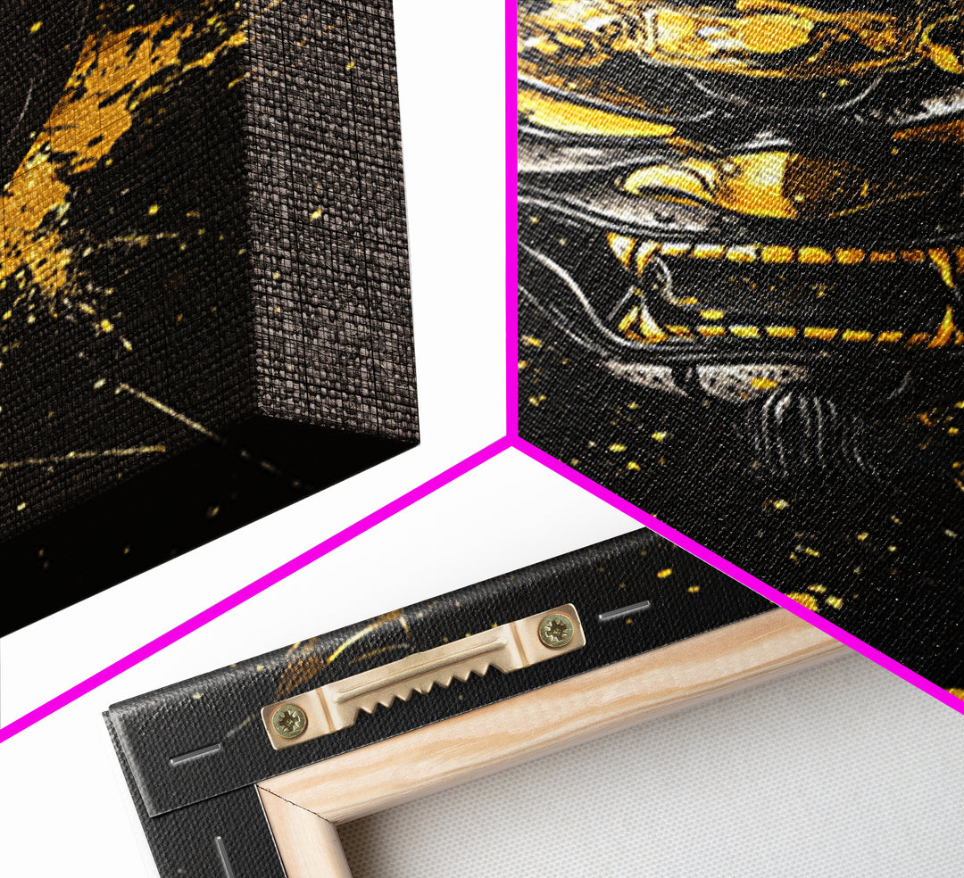 Vampire Mask Gold Canvas Print, Gothic Splatter Wall Art, Horror Decor, Real Wood Frame, Dark Artistic Statement Artwork