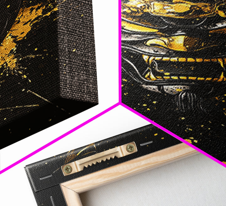 Vampire Mask Gold Canvas Print, Gothic Splatter Wall Art, Horror Decor, Real Wood Frame, Dark Artistic Statement Artwork