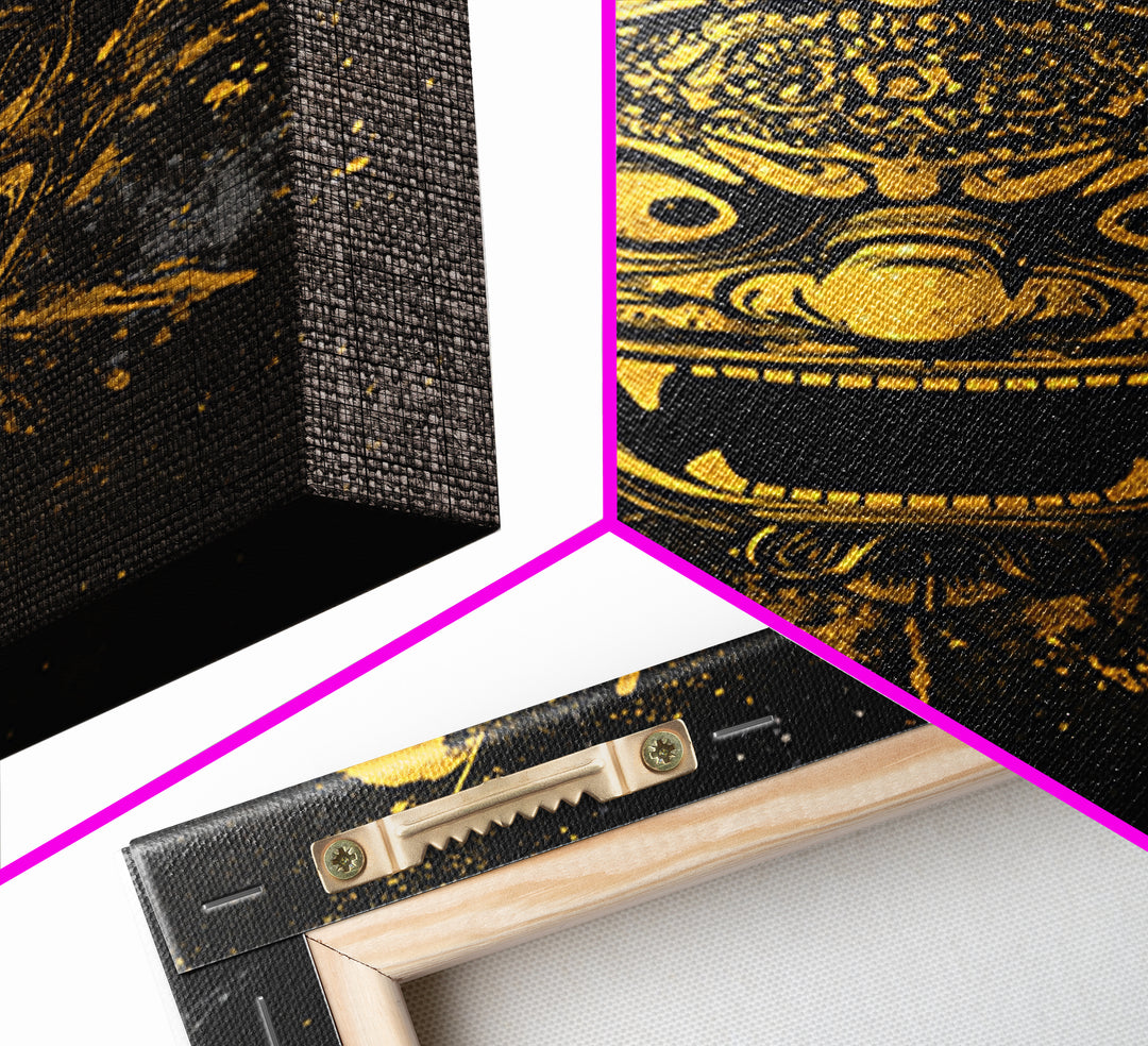 Balinese Barong Mask Gold Canvas Print, Tribal Wall Art, Mythical Creature Artwork, Real Wood Frame, Unique Home Decor