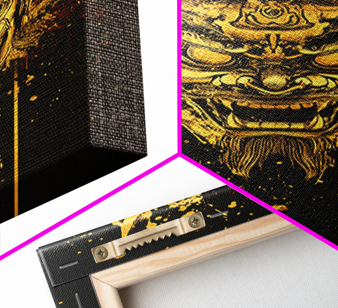 Tibetan Demon Mask Gold Canvas Print, Spiritual Wall Art, Fierce Mythical Face Art, Real Wood Frame, Bold Statement Decor