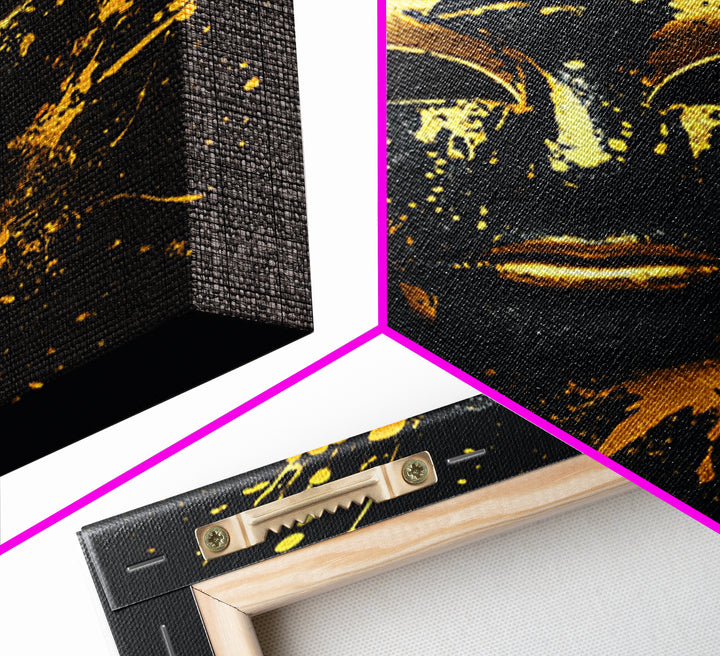Venetian Mask Gold Canvas Print, Elegant Wall Art, Luxury Mask Artwork, Real Wood Frame, Dramatic Splatter Effect Home Decor