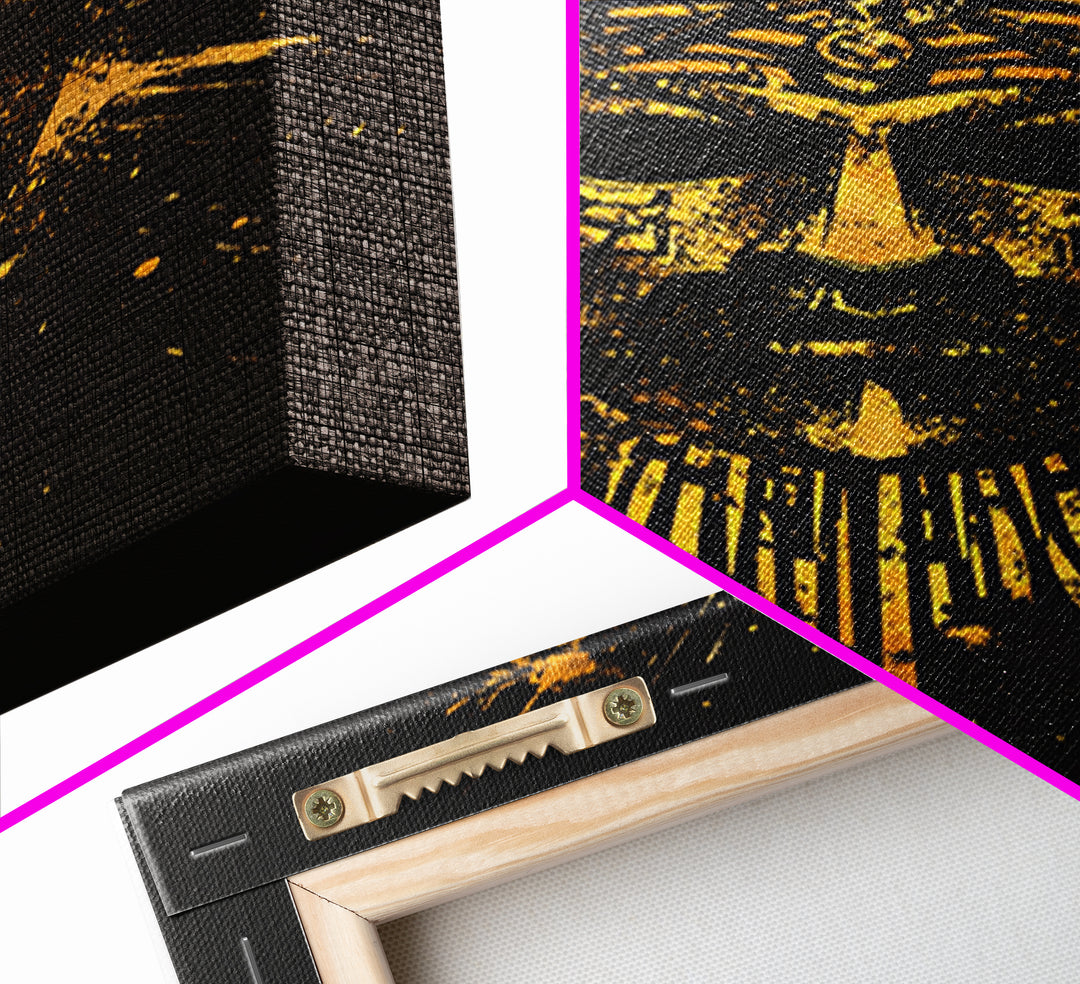 Ancient Warrior Mask Gold Canvas Print, Historical Wall Art, Tribal Battle Mask Artwork, Real Wood Frame, Striking Home Accent