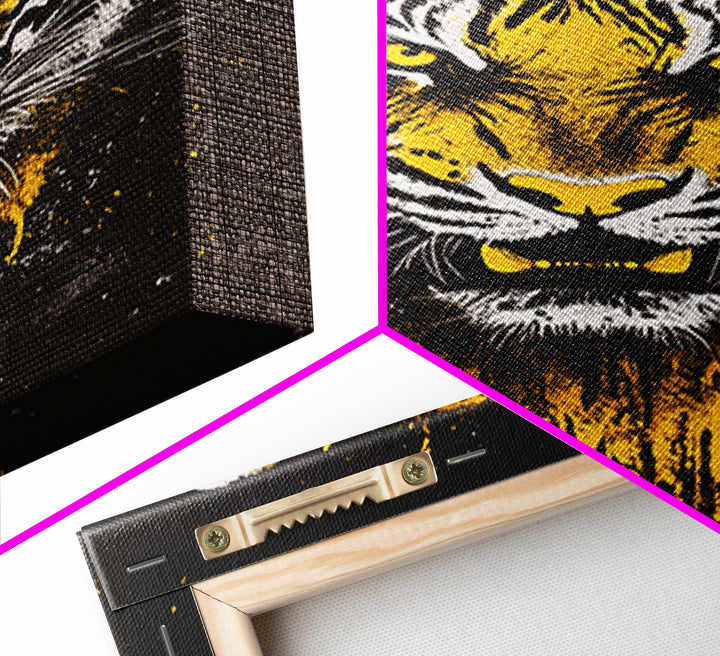 Tiger Face Gold Canvas Print, Wildlife Wall Art, Jungle Animal Artwork, Real Wood Frame, Fierce Predator Home Accent