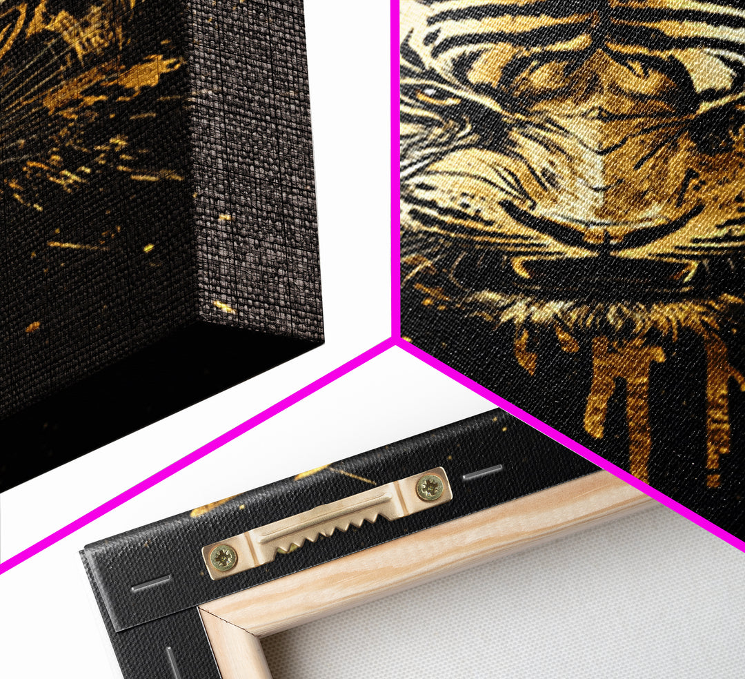 Tiger Head Gold Canvas Print, Fierce Jungle Cat Wall Art, Animal Spirit Artwork, Real Wood Frame, Powerful Wildlife Home Decor