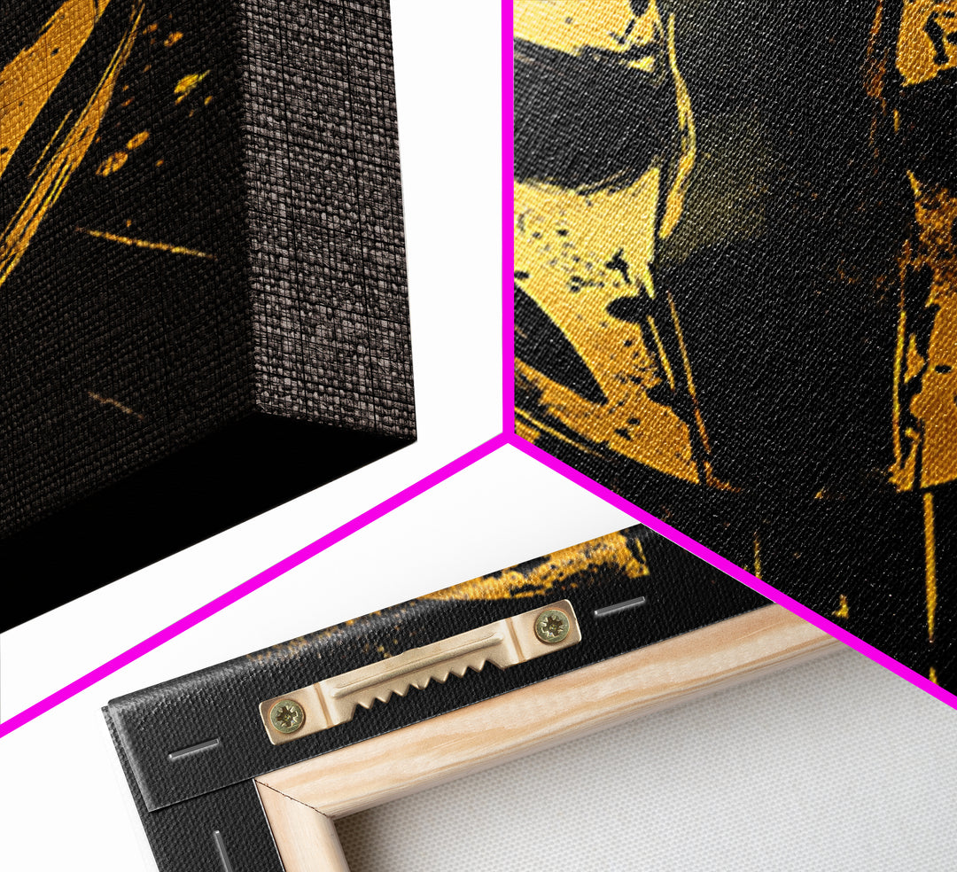 Abstract Mask Gold Canvas Print, Tribal Wall Art, Mysterious Face Artwork, Real Wood Frame, Bold Splatter Paint Effect Decor