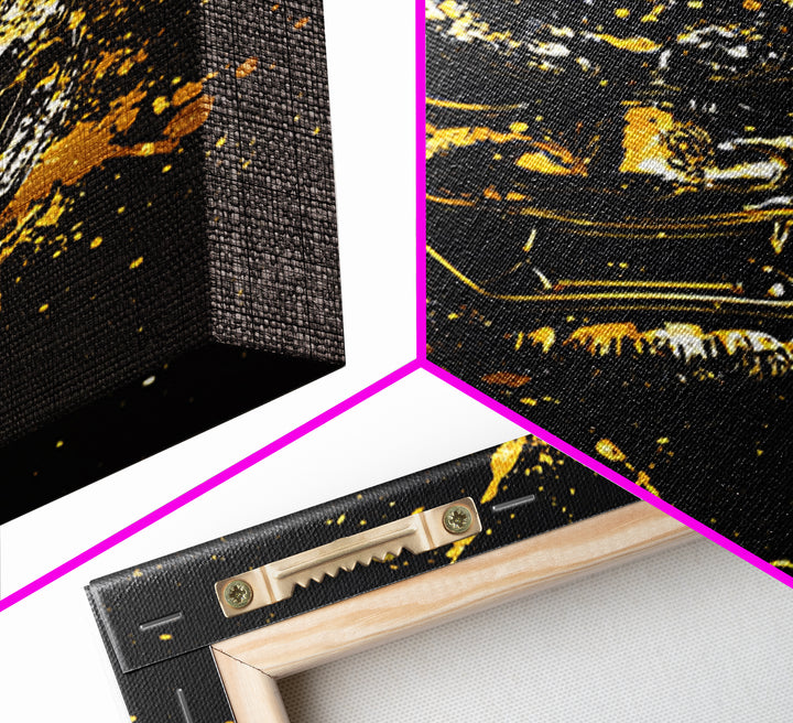 Samurai Mask Gold Canvas Print, Japanese Warrior Art, Splatter Style Wall Decor, Fierce Samurai Artwork, Real Wood Framed