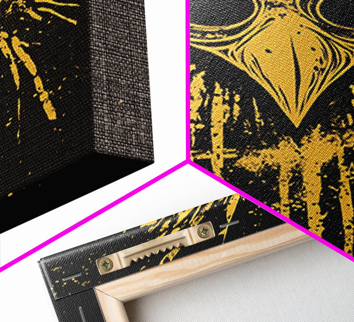 Plague Doctor Mask Gold Canvas Print, Gothic Splatter Art, Dark Fantasy Wall Decor, Unique Gothic Artwork, Real Wood Framed