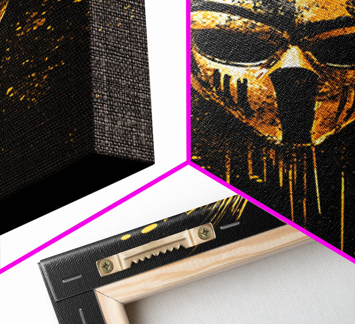 Tribal Warrior Mask Gold Canvas Print, African Inspired Splatter Art, Bold Tribal Wall Decor, Fierce Artwork, Real Wood Framed