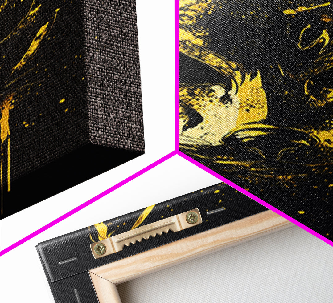 Cat Mask Gold Canvas Print, Mystical Splatter Art, Animal Spirit Wall Decor, Unique Feline Artwork, Real Wood Framed