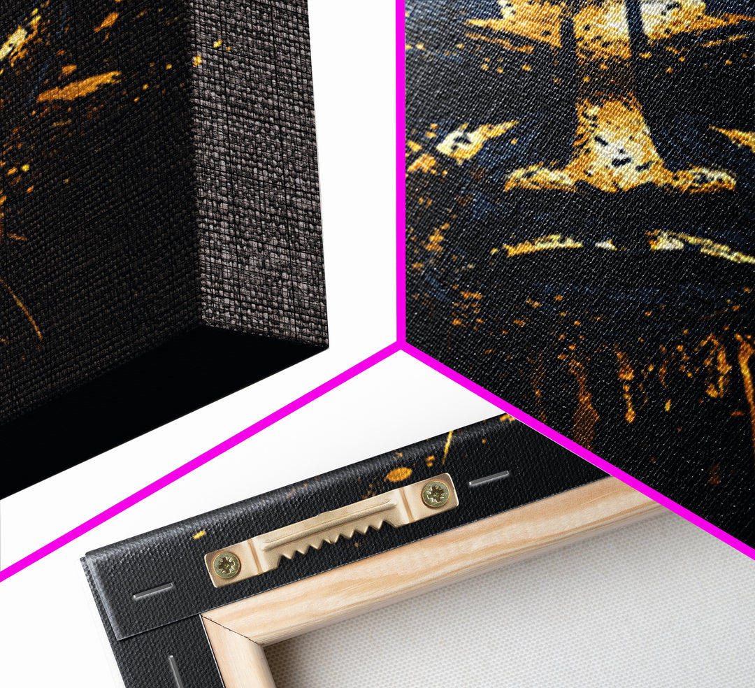 Tribal Splatter Mask Gold Canvas Print, Bold Cultural Art, Unique Splatter Wall Decor, Ethnic Mask Artwork, Real Wood Framed