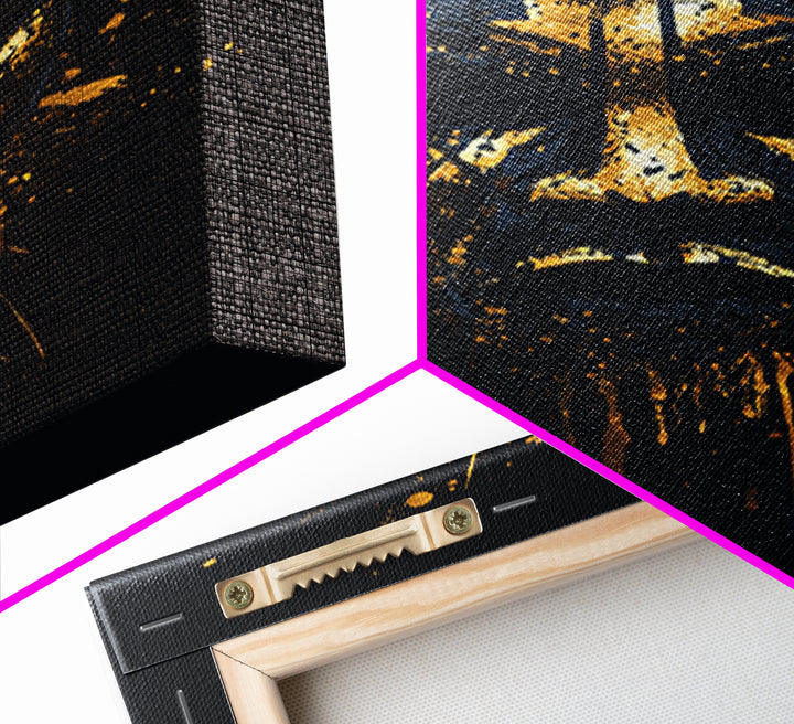 Tribal Splatter Mask Gold Canvas Print, Bold Cultural Art, Unique Splatter Wall Decor, Ethnic Mask Artwork, Real Wood Framed