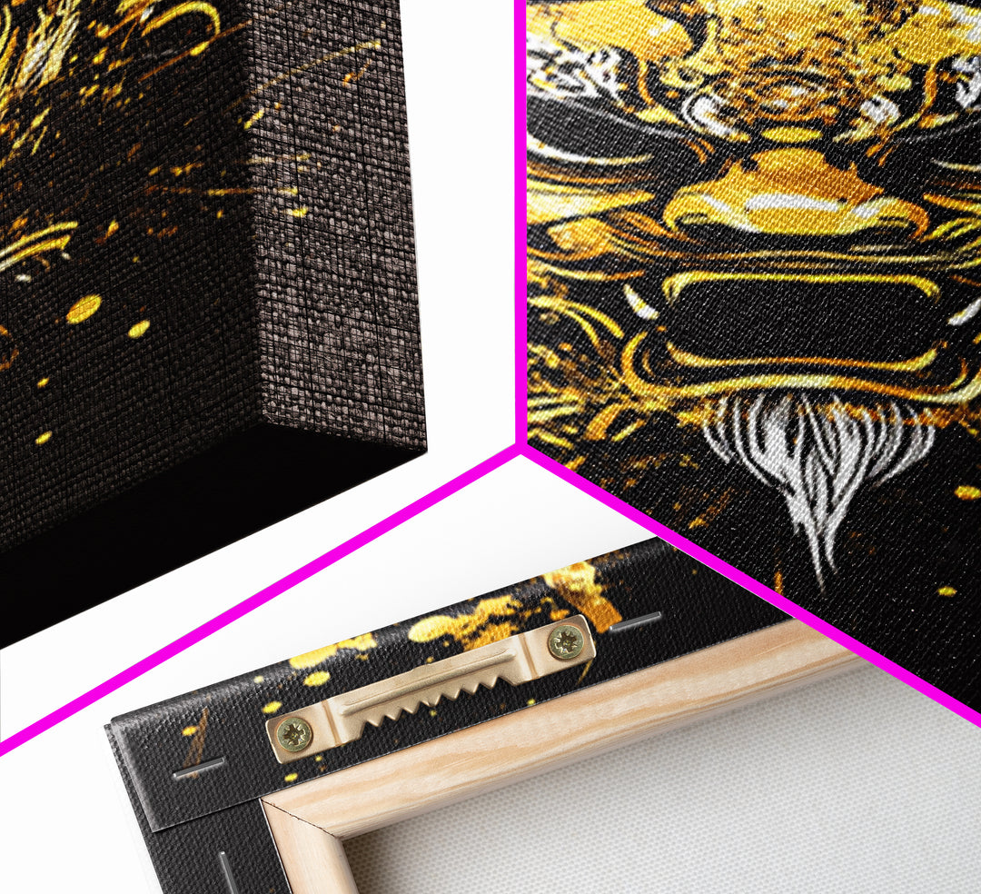Dragon Mask Gold Canvas Print, Mythical Splatter Art, Asian Inspired Wall Decor, Fierce Dragon Artwork, Real Wood Framed