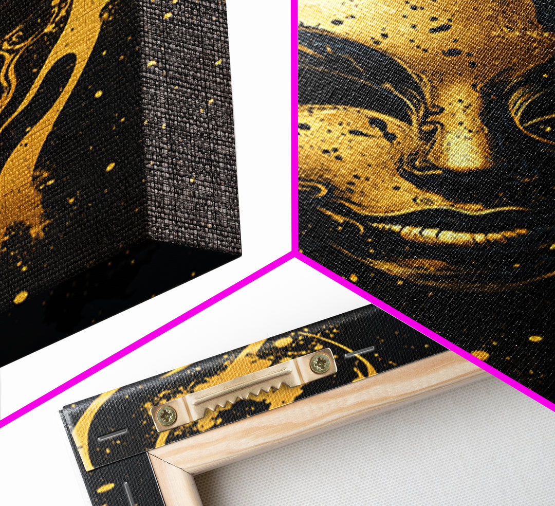 Abstract Face Mask Gold Canvas Print, Surreal Splatter Art, Bold Modern Wall Decor, Unique Artistic Artwork, Real Wood Framed