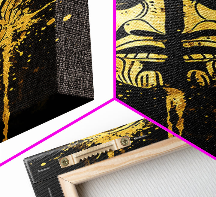 Tribal Warrior Mask Gold Canvas Print, Maori Inspired Art, Ethnic Wall Decor, Real Wood Framed Gold Canvas Artwork