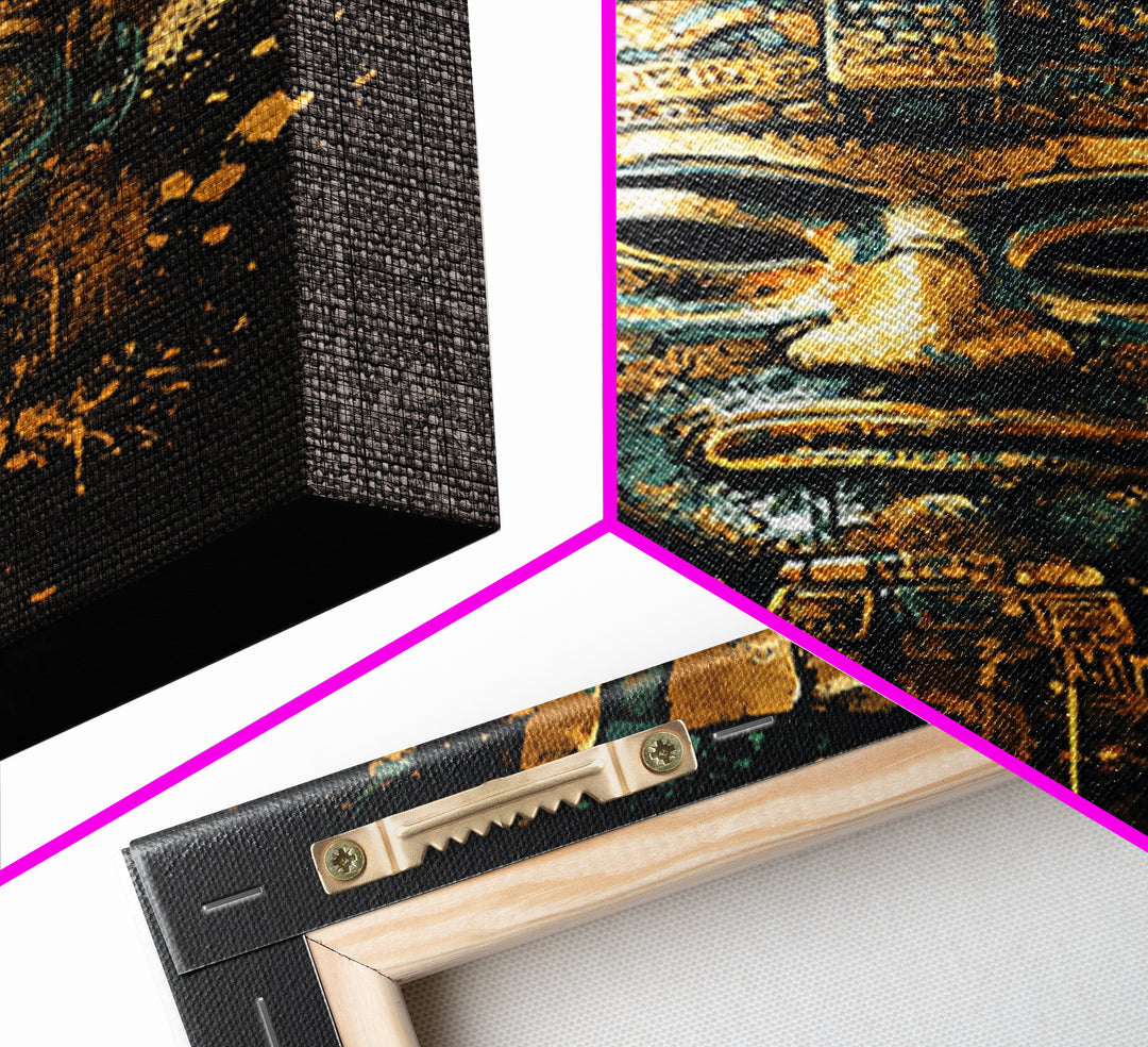 Mayan Inspired Mask Gold Canvas Print, Ancient Civilization Art, Tribal Wall Decor, Real Wood Framed Gold Artwork