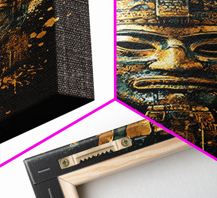 Mayan Inspired Mask Gold Canvas Print, Ancient Civilization Art, Tribal Wall Decor, Real Wood Framed Gold Artwork