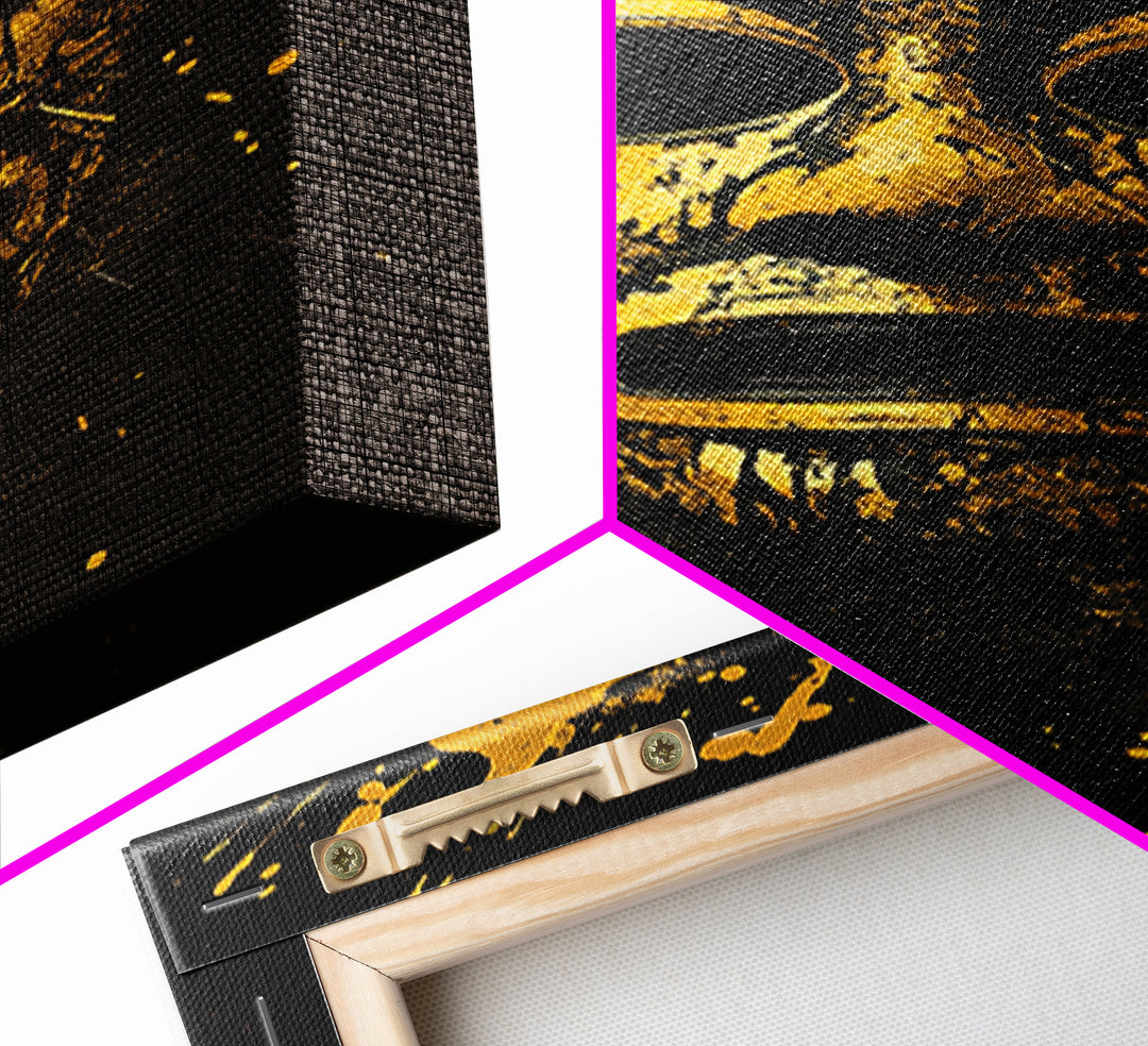 Aztec Mask Gold Canvas Print, Ancient Mythology Art, Tribal Wall Decor, Real Wood Framed Cultural Gold Artwork