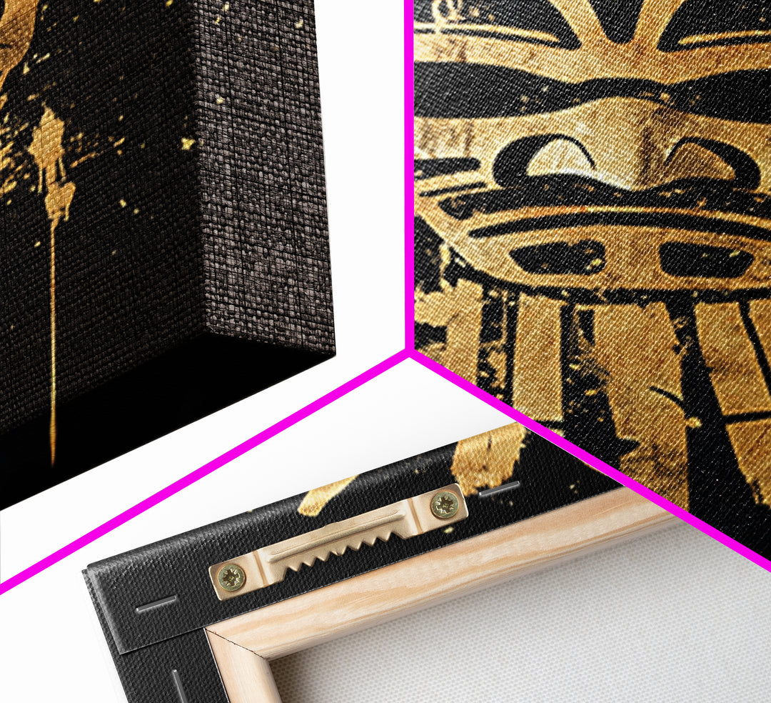 Tribal Sun Mask Gold Canvas Print, Ancestral Wall Art, Sacred Symbol Decor, Real Wood Framed Mystical Gold Artwork