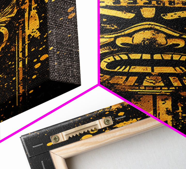 Ancient Tribal Mask Gold Canvas Print, Cultural Art, Bold Splatter Wall Decor, Real Wood Frame, Dramatic Mask Artwork