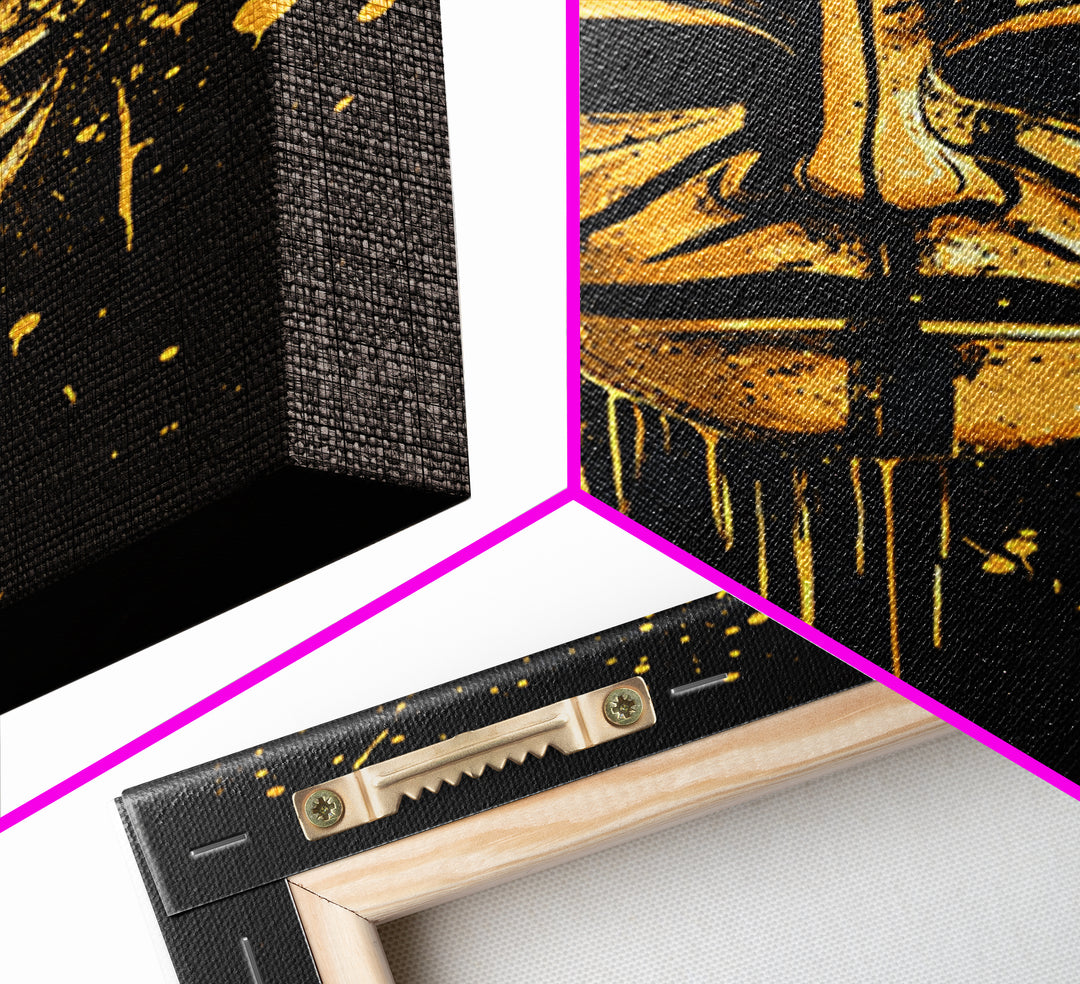 Mystical Mask Gold Canvas Print, Abstract Tribal Art, Splatter Canvas Wall Decor, Real Wood Frame, Modern Statement Artwork