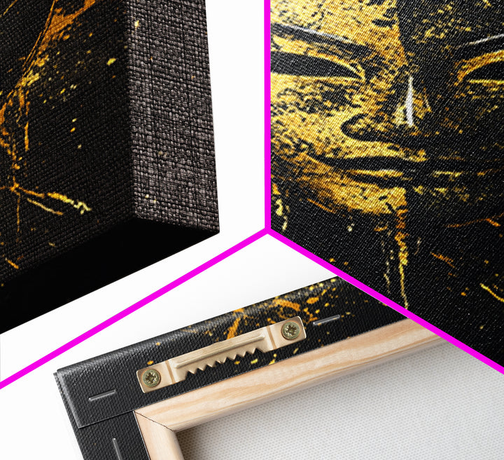 Elegant Tribal Face Gold Canvas Print, Abstract Cultural Mask Art, Modern Wall Decor, Real Wood Frame, Splatter Artwork