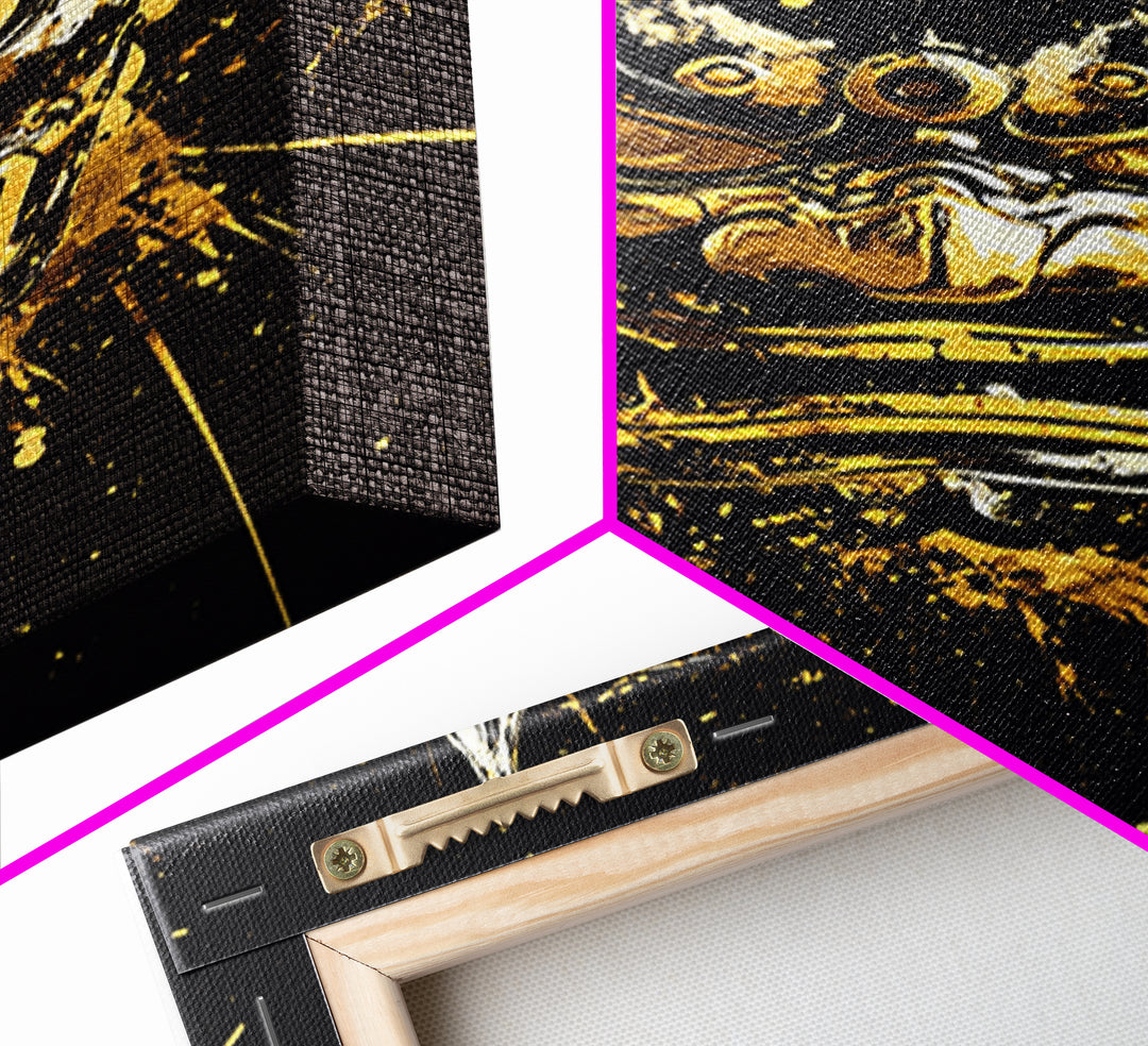 Demon Mask Gold Canvas Print, Fierce Samurai Style Art, Splatter Wall Decor, Real Wood Frame, Bold Statement Artwork